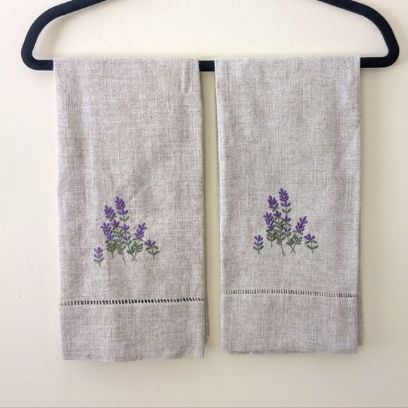 Hemstitched Embroidered Linen Tea Towels Lavender Cream Purple 28 x 17 - Picture 1 of 4